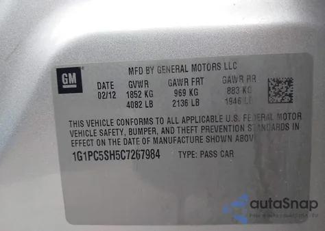 2012 Chevrolet Cruze Ls из США, поврежденный, VIN 1G1PC5SH5C7267984